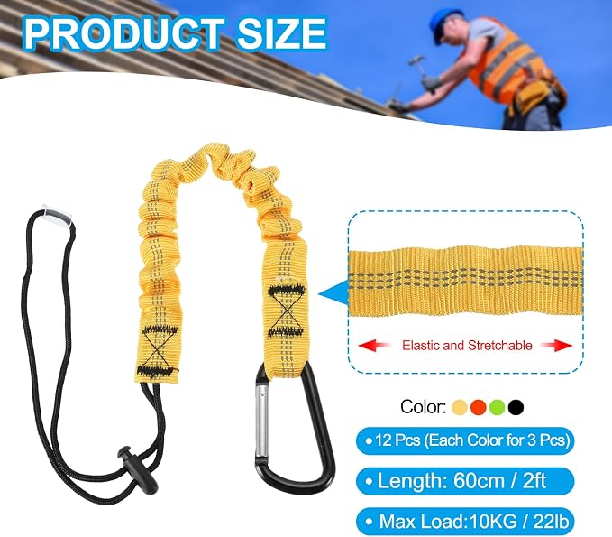 MECCANIXITY Retractable Tool Lanyard 2ft with Single Aluminum Buckle and Adjustable Loop End, Maximum Weight Limit 10KG / 22lb, Safety Fall Protection Tools Leash, 4 Colors 12 Pack