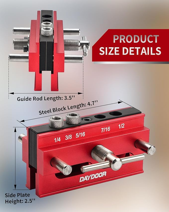 DAYDOOR 2.1" Self Centering Dowel Jig, Universal Capacity Doweling Jig & Drill Guide for Woodworking, Complete Kit with 6 Steel Bushings for Straight Holes(Red)