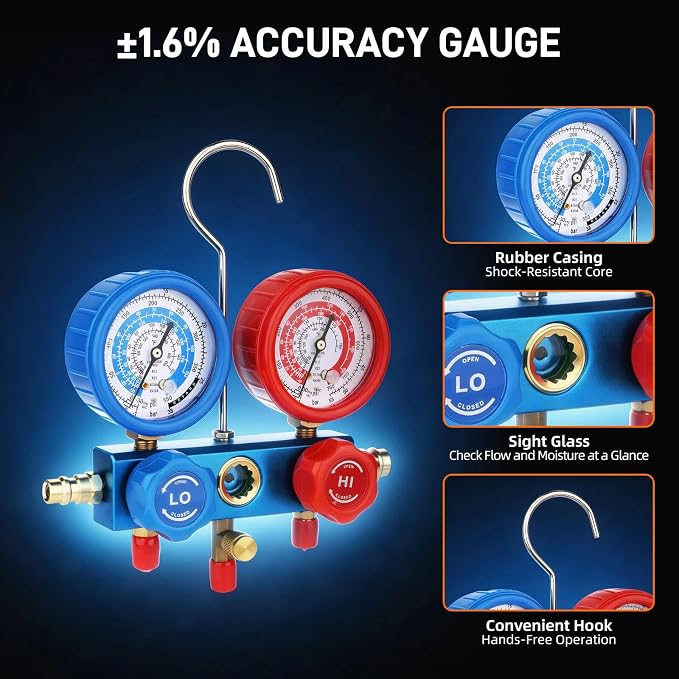 4 CFM HVAC Vacuum Pump with Manifold Gauge Set | 1/3 HP Single Stage Refrigerant Recharge Kit for Auto AC and R410A Mini Split, R134a, R22, R404A, Leak Detector