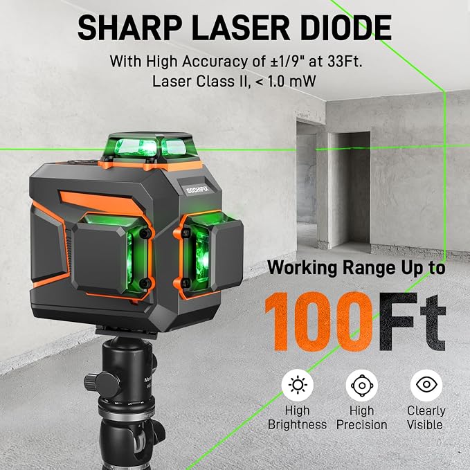 Laser Level 360 Self Leveling Green Line Laser Level Tool Wall Suction Stand Receiver 100ft Line Laser for Picture Hanging Outdoor Rechargeable Battery,3x360