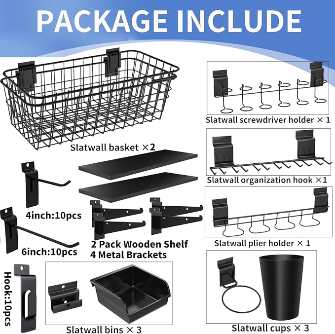 43 Pc Slatwall Organizer Kit with Hooks, Shelves, Baskets, Bins, Cups, Screwdriver Holder for Tool Organization (Black)