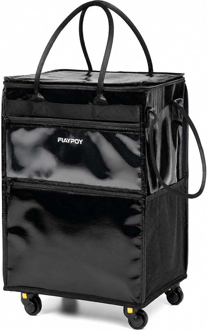 Rolling Grocery Bag with Wheels, 67L Foldable Shopping Cart Bag with Wide Shoulder Straps, 5 Detachable Wheels, Buckle Storage Strap, Large Reusable Utility Tote for Groceries(Black, Medium)