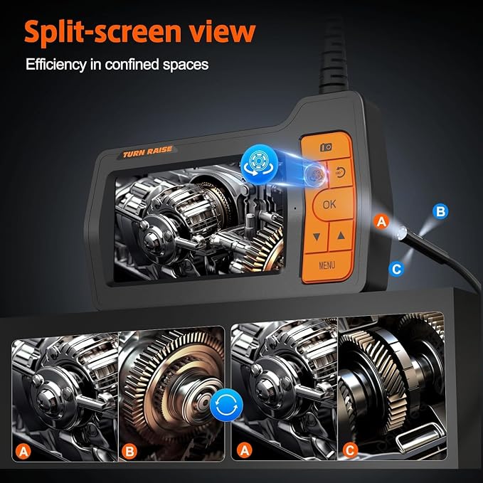 Triple Lens Sewer Camera with 50ft, 5" IPS Screen Borescope with Light, 1080P HD Endoscope IP67 Drain Pipe Snake Drain Camera, 32G Card Semi-Rigid Cable for Plumbing Inspection + Case