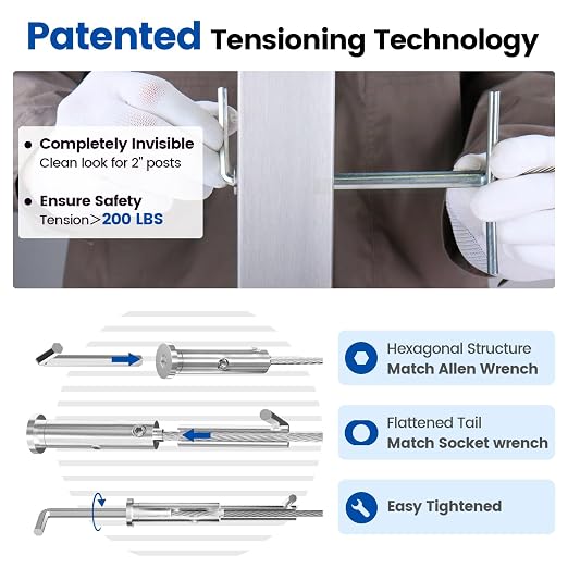 [Patent] Muzata 20 Pack 1/8" Swageless Invisible Cable Railing Kit Hardware Swageless Fittings Tensioner Hidden for 2"x2" Metal Post T316 Stainless Steel Deck Cable Railing System CB04