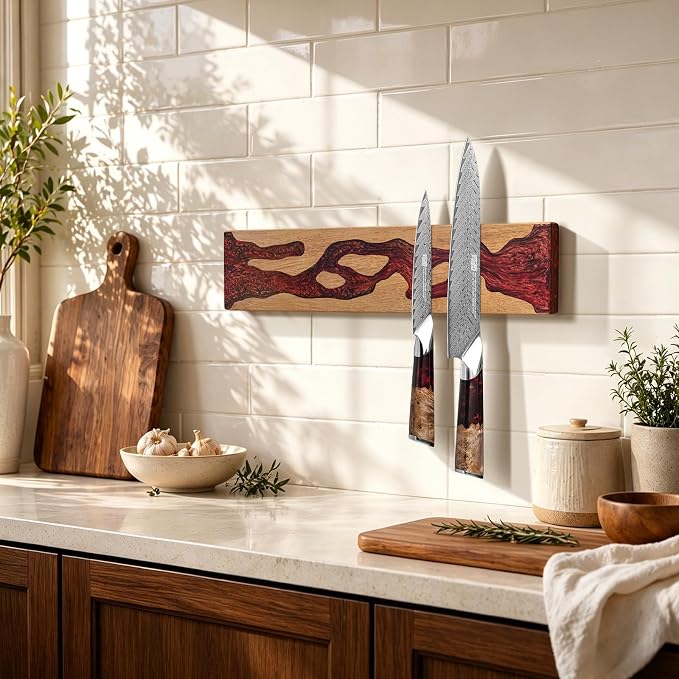 FINDKING Magnetic Knife Strip for Wall, Solid Acacia Wood with Deep Red Resin Inlay, Wall-Mounted Knife Holder with Strong Magnetic Hold, No-Drill Adhesive Mount (16 Inch)
