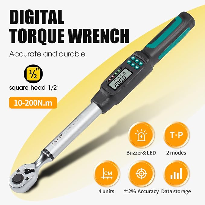 1/2" Digital Torque Wrench 4.4-147.5 ft-lb/6-200 Nm, ±2% Accuracy, LED & Buzzer Alerts, 4 Units, Industrial CR-V Steel, Calibration Report & Protective Case for Car, Motorcycle, Bike Repair