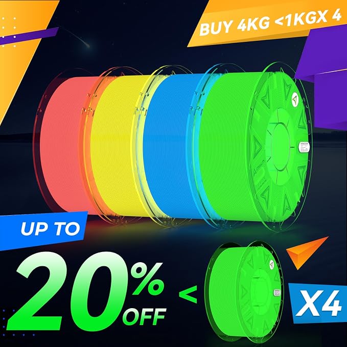 Creality Glow in The Dark Hyper PLA Filament, Luminous 3D Printer Filament 1.75mm, High Brightness&Long Time Glows Filament Bundle, Dimensional Accuracy +/-0.02mm, 4kg Spool(Pink,Blue,Yellow,Green)