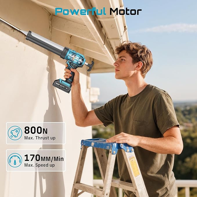 SEESII Cordless Caulking Gun, 21V Battery Powered Caulk Gun, Electric Caulking Gun w/2 x 2.0Ah Batteries, 9Pcs Caulk Remover Tool, LED Light, Auto Retract for Filling, Sealing