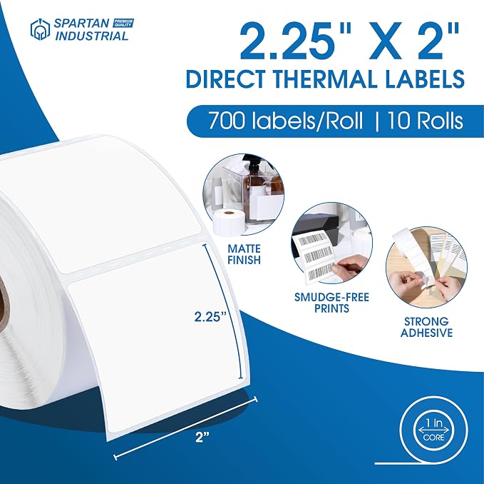 Spartan Industrial - 2.5" X 2" Direct Thermal Labels (7000 Count, 10 Rolls) - Square SKU Barcode and Product Labels, Thermal Sticker Roll for Packaging - Compatible with Zebra and Rollo Printers
