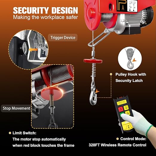 Electric Hoist 440LBS, 110V 510W Electric Winch with Wireless Remote Control,Single/Double Cable Lifting Height 39.4ft/20ft, 110V Electric Lift with Emergency Stop for Factories