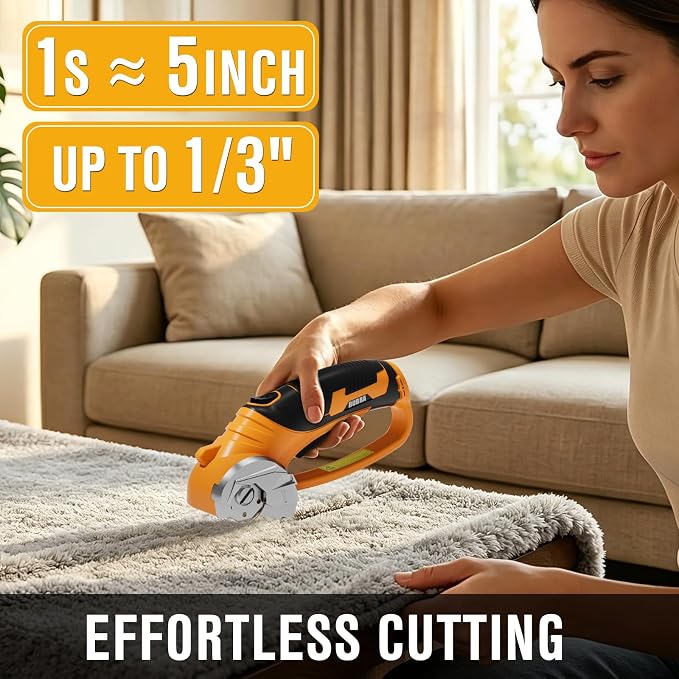 Cordless Electric Scissors 4V Rechargeable Cardboard Cutter with 4 SK5 Blades, 2000mAh Battery, LED Light, Electric Box Cutter 1/3” Cutting Capacity Power Cutter for Fabric Carpet Leather - Yellow