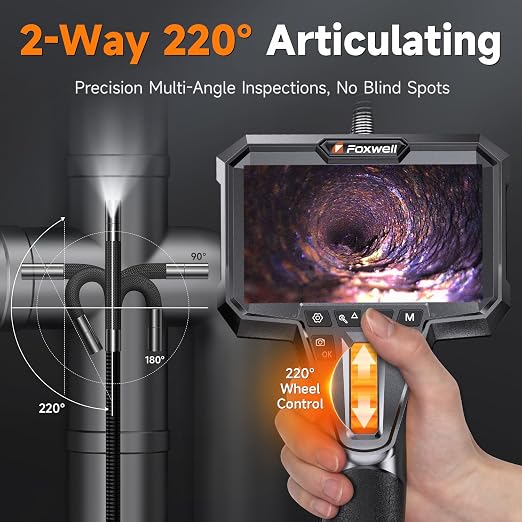 FOXWELL Elite 220° Two-Way Articulating Borescope, 0.24in Ultra-Slim Endoscope Camera with Light, 1920P HD, IP67 Waterproof, 5.3FT Flexible Snake Scope for Automotive Engine Pipe Home Inspection