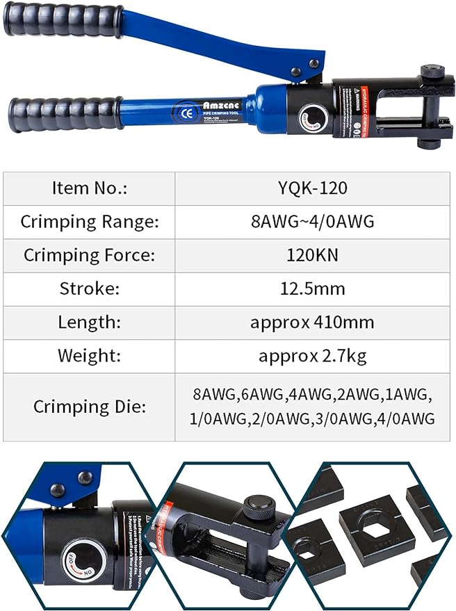 AMZCNC 12 Ton Hydraulic Crimping Tool with 9 Standard American Dies, Crimps 8AWG to 4/0 AWG, Hardened Steel Construction with Oxidized Surface for Durability(Standard US 8AWG to 4/0AWG)