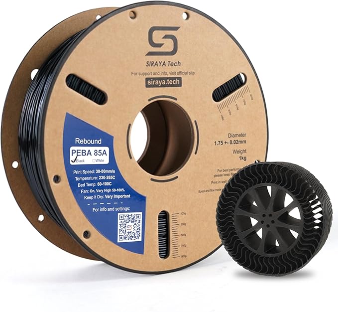 Siraya Tech Rebound PEBA 85A Flexible Filament, The Super TPU | Softer 85A Durometer for High Flexibility | 62% Energy Return, Lightweight, Nylon-Based Durability | 3D Printer Filament (Black, 800g)