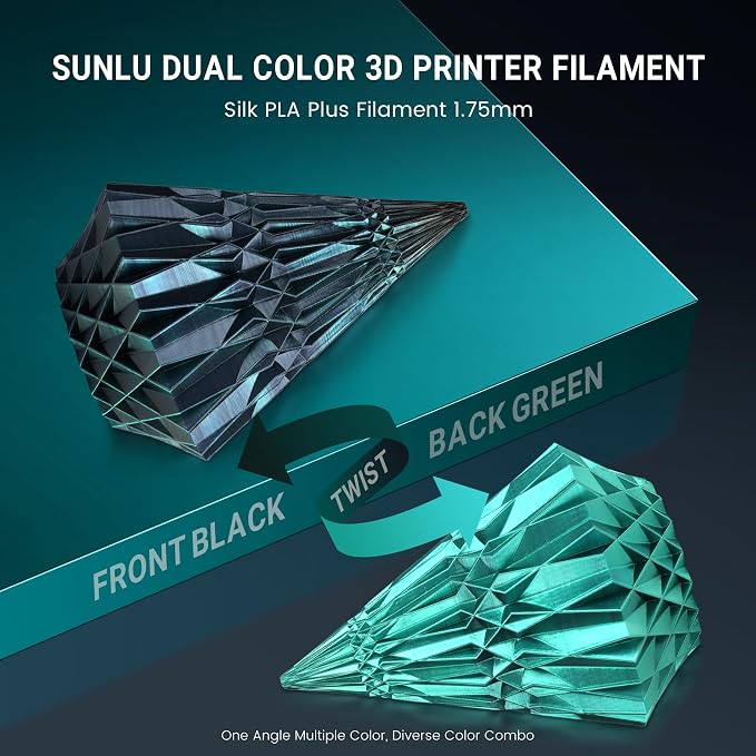 SUNLU Silk Dual Color Pla Filament, Silk PLA 3D Printer Filament 1.75mm, Shiny Silk Texture, Dimensional Accuracy +/- 0.02mm, 1KG Spool (2.2 lbs), PLA Silk Dual Color (Black Green)