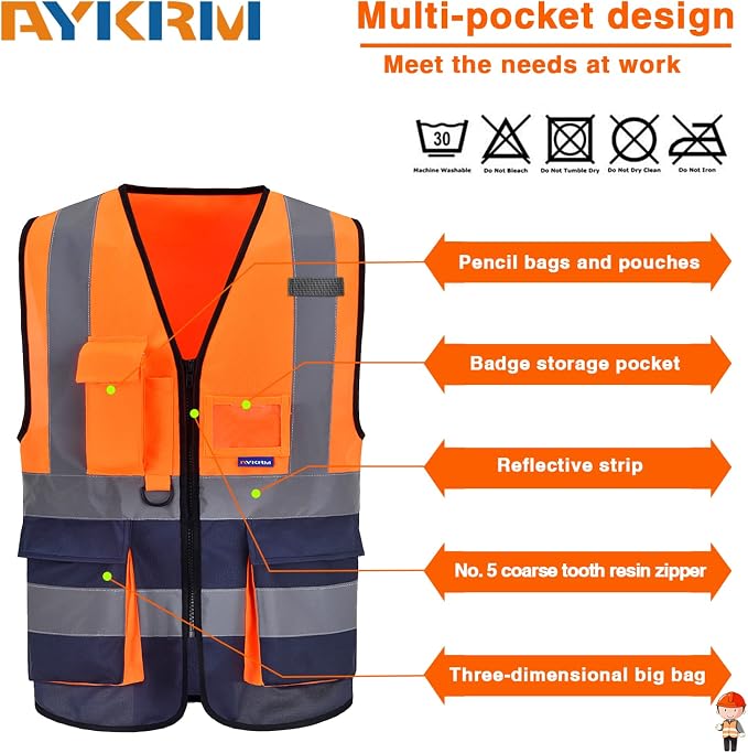 A-SAFETY Hi-Vis Reflective Vest, Reinforced Points, Zipper, Orange/Navy, M | Orange/Navy M Polyester work vest with 7 pockets, clear ID pocket and radio mic loop for utility work and site supervision.