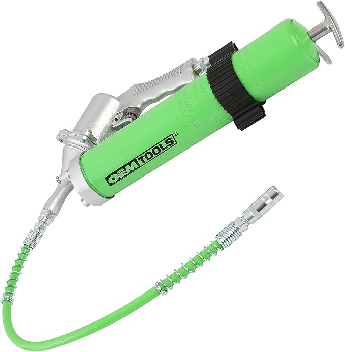 OEMTOOLS 87205 Pneumatic Grease Gun, Continuous Lubrication for Automotive and Industrial Equipment, 6000 PSI Air Grease Gun with 18 Inch Hose and Coupler, Supports Cartridge and Bulk Loading