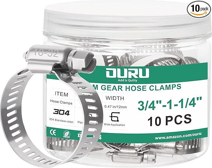 OURU 10PCS Hose Clamps Stainless Steel Adjustable 3/4"–1-1/4"(18-32mm) Worm Gear Hose Clamp, Heavy Duty Metal Small Hose Clamps for Automotive, Pipe, Radiator Plumbing, Fuel Line
