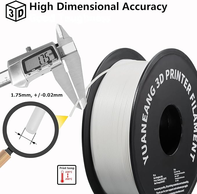 PLA 3D Printer Filament 1.75mm, 1kg Spool, ±0.03mm Precision, Low-Warp & Easy Printing, White