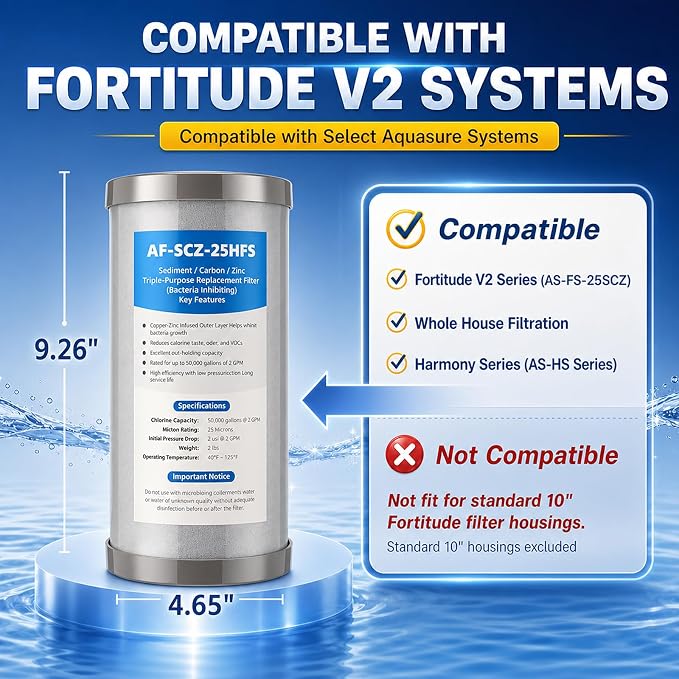 Kingdder Water Filter Compatible with Fortitude V2 Af Scz 25hfs Cartridge Replacement Filter for Home Whole House Filtration System, Triple-Stage Sediment, Carbon & Zinc, Standard Size(2 Pcs)