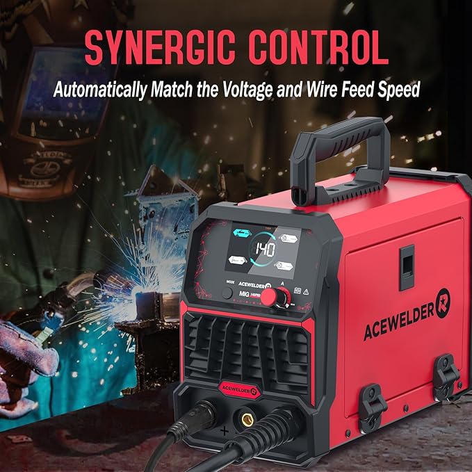 ACEWELDER 140A MIG Welder, 3 in 1 Flux Core, MIG/LIFT TIG/Stick Welding Machine 110V Portable IGBT Inverter Synergic Control, LED Display with Welding Helmet