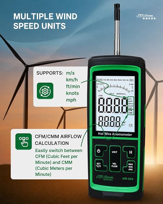 Hot Wire Anemometer AM-284 – HVAC Airflow Meter for Duct and Vent Testing, CFM/CMM Air Volume Calculation, Wind Speed & Temperature Measurement, Straight Telescopic Probe, USB PC Software