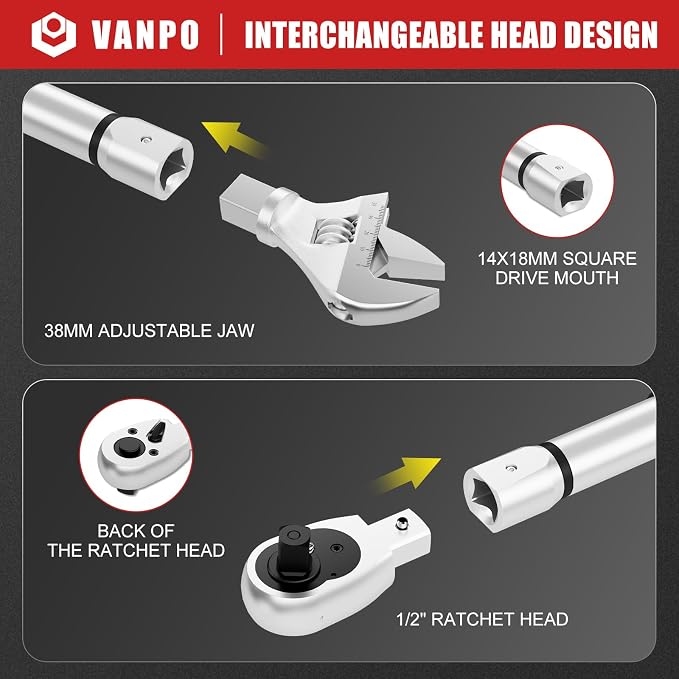 VANPO Adjustable Digital Torque Wrench, 7.38-147.5 Ft.lb/10-200Nm for HVAC | Electronic Torque Wrench with 38mm Jaw and 1/2" Ratchet, ±2% Accuracy, Buzzer, Vibration and LED Indicator for Split AC, Car