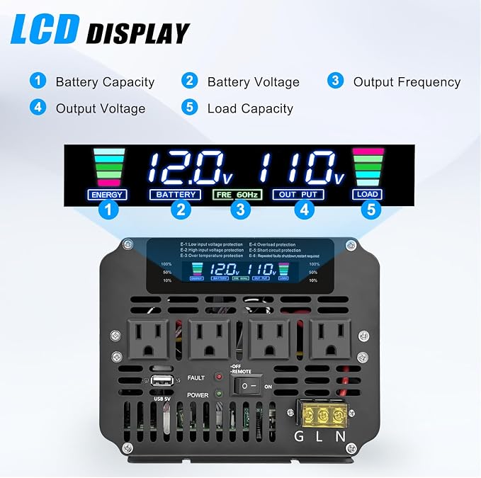 Cantonape 5000W Power Inverter 12V to 110V/120V DC to AC with LCD Display, Remote Controller and 4 x AC Outlets Car Adapter for Car Truck Boat RV Off Grid Solar System