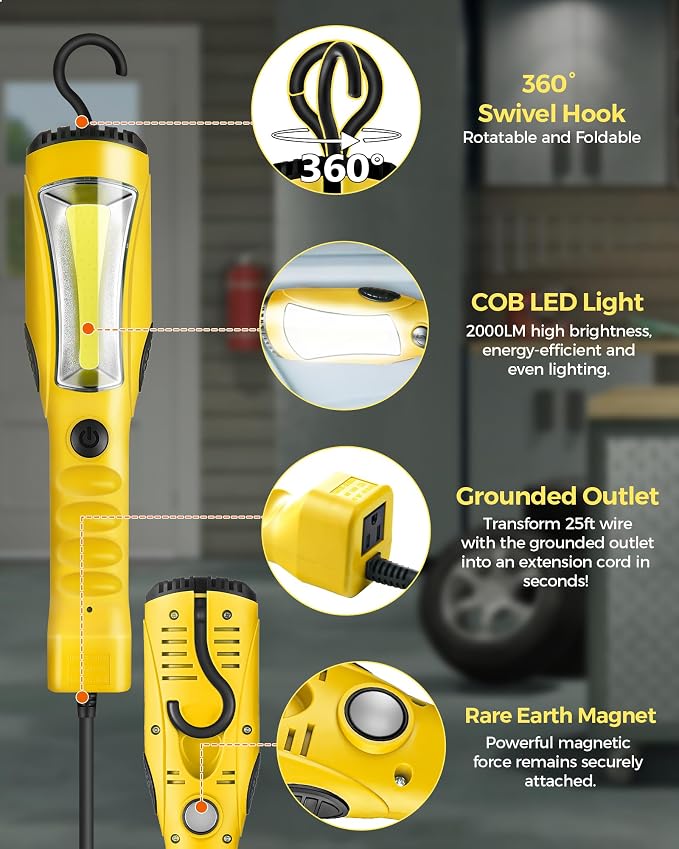 18W LED Work Light and 30 Ft Retractable Extension Cord Reel Bundle, for Garage, Workshop, Car Repair Scene, ETL Listed Y04WL06-J30CR06