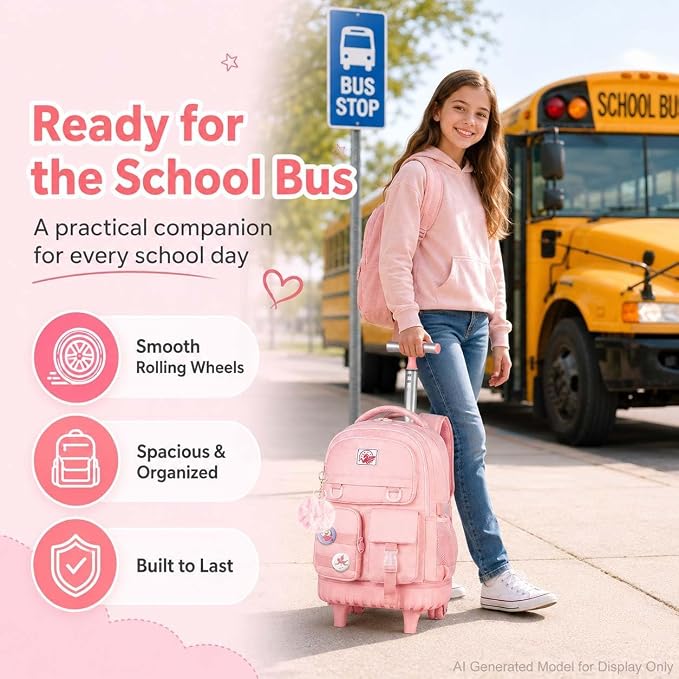 CCJPX Rolling Backpack for Girls Women, 21 inch Roller Wheels School Bookbag, Wheeled Suitcase Backpacks with Lunch Bag for Teen - Pink