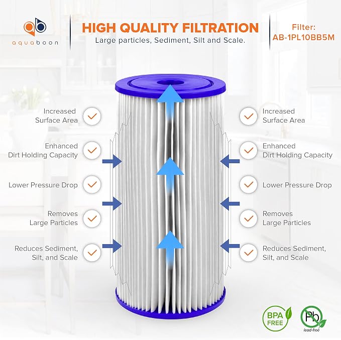 Aquaboon 5 Micron Pleated Sediment Water Filter 10 x 4.5 Cartridge - Whole House Water Filter Replacement - Whole House Water Filters Cartridges Compatible with Well Filters FXHSC, R50-BBSA, 10-Pack