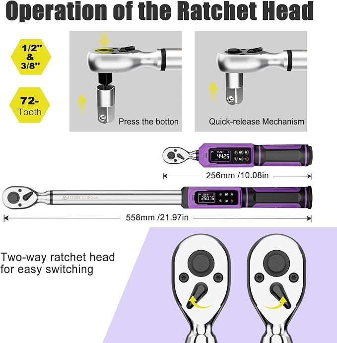 ANPUDS Digital Torque Wrench Set 3/8" & 1/2" Drive, ±1% Accuracy | 0.66-44.25 Ft-lb & 3.76-250.75 Ft-lb, Electric Torque Wrench with Vibration/Buzze/LED Flash Alert, for Car Motor Bike Repair