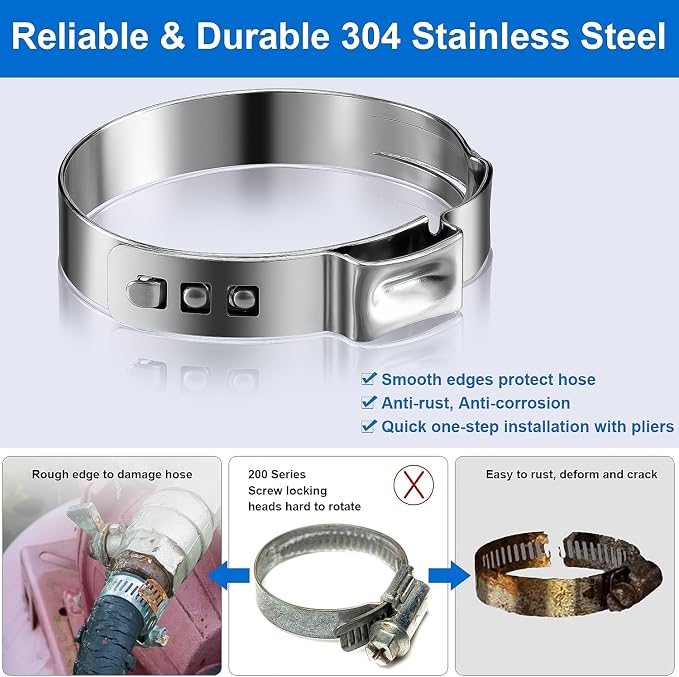 170PCS Single Ear Hose Clamps,11Sizes 5.8-33.1mm 304 Stainless Steel Stepless Hose Pex Crimp Cinch Rings Assortment Kit with Ear Clamp Pincer for Auto, Home, Pipe, Plumbing, Fuel Line, Garden