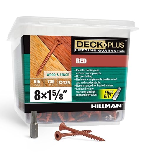 Deck Plus 1-5/8 Inch Epoxy Coated Exterior Wood and Fence Screws #8 x 1-5/8" Torx/Star Drive Included Coarse Thread, Outdoor Rust Resistant Decking Screw, Red, 5lb Box, 186 Pieces | 48426