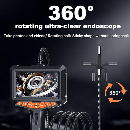 Two-Way Articulating Borescope with Light, 5" HD Screen Industrial Endoscope Inspection Camera with Articulated Probe, Flexible Snake Scope for Automotive, Engine and Wall Inspection
