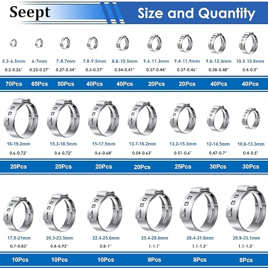 605Pcs 22 Sizes Single Ear Hose Clamps 5.3-33.1mm 304 Stainless Steel Crimp Hose Clamps Assortment Kit Perfect for Automotive/Home Appliance/Water Pipe and Fuel Line