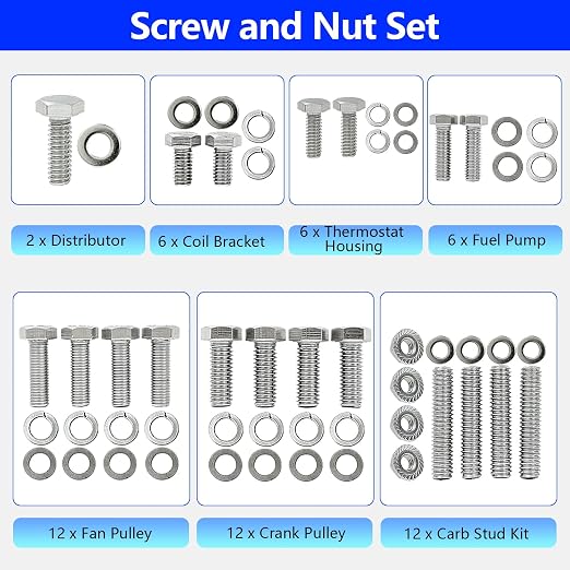 Hex Bolt Kit for Ford 260 289 302 Carbureted Engine 1985 & Older | 228 Pcs Nuts & Bolts, 304 Stainless Steel, fits 260 289 302 Engines with a Passenger side water pump (Lower Radiator Hose)