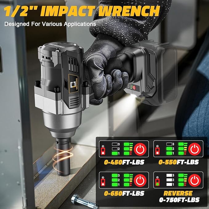 Cerycose Cordless impact Wrench 1/2 inch Compatible with Dewalt 20V Battery, 750FT-LBS (1000N.m) Brushless Electric Impact Gun with LED Work Light & 6 Sockets, High Torque Impact Driver, Bare Tool