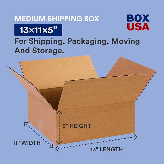 BOX USA Shipping Boxes 13"L x 11W x 5"H 25-Pack - Flat Corrugated Cardboard Box for Packing, Moving and Storage