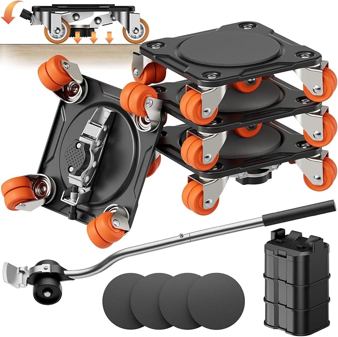 ONEON Heavy Duty Furniture Movers with Wheels Dolly with Auxiliary Lifter, All-New Upgraded Carbon Steel Panels & Dual-Wheeled Casters, Supports up to 2200 lbs (XL+Parked)