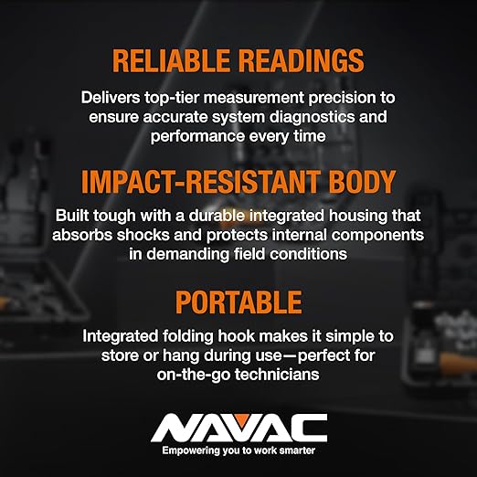 NAVAC N4A4H Manifold Gauge | Class 1.0 Accuracy | Impact-Resistant HVAC Gauge | Aluminum Body and Rubber Cover | Easy-to-Read Analog Display | 4 Valves | with Hoses | 1 Year Warranty