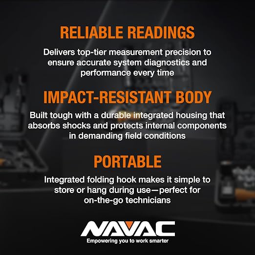 NAVAC N2A4 Manifold Gauge | Class 1.0 Accuracy | Impact-Resistant HVAC Gauge | Aluminum Body and Rubber Cover | Easy-to-Read Analog Display | Folding Hook | 1 Year Warranty