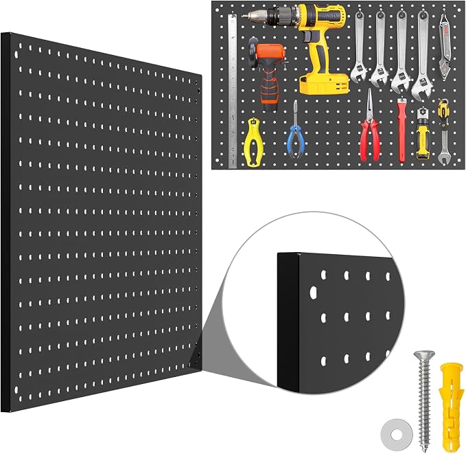 Peg Board, 4 Pack Metal Pegboard Panels Black Pegboards Wall Organizer with Frame Large Heavy Duty Peg Board with Hooks for Walls Home, Garage Tool Storage, Office, Craft Room, Kitchen 24”×16”