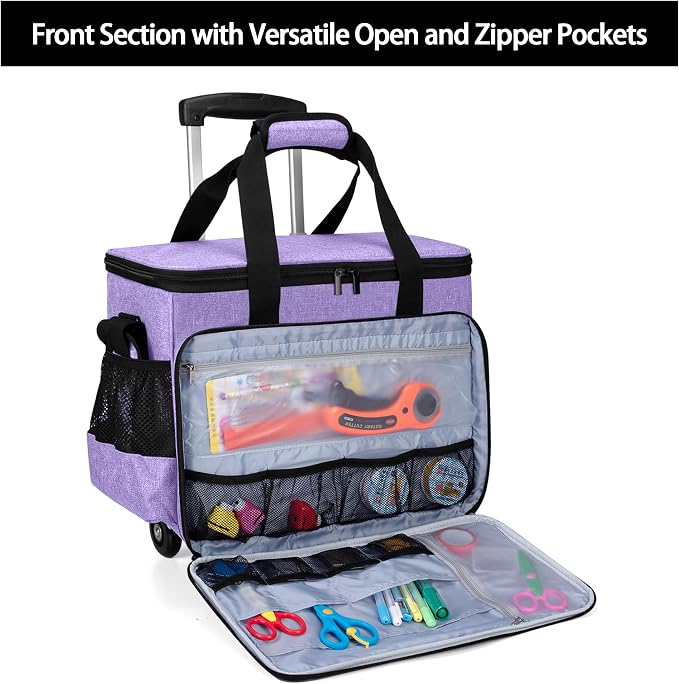 Yarwo Upgraded Rolling Craft Bag with Detachable Trolley and Multi-Pockets | Removable Bottom Board, Wheeled Scrapbook Tote, Large Teacher Gifts Bag, Rolling Briefcase for Teaching & Office, Purple