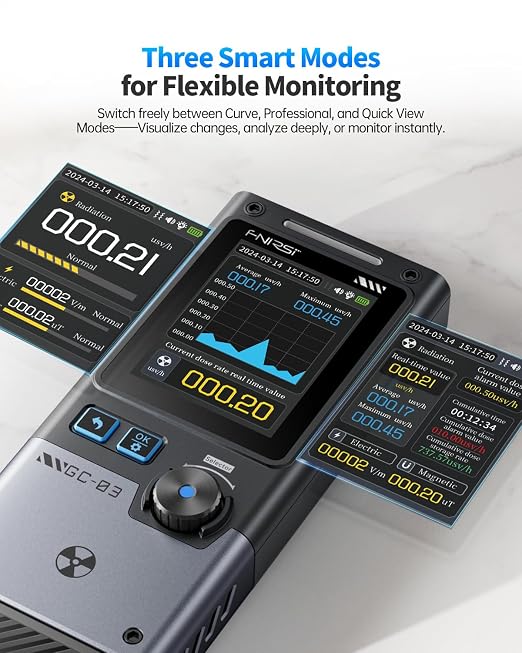 FNIRSI GC-03 Geiger Counter Electromagnetic Detector, 3IN1 Nuclear Radiation Detector EMF Meter, Not Support RF Detection, Handheld Rechargeable Radiation Dosimeter, Beta Gamma X-ray Radiation Monitor