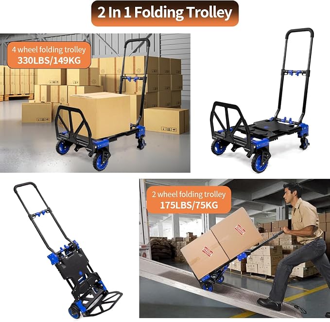 2 in 1 Folding Hand Truck with Folding Basket,330lbs Capacity Heavy Duty Hand Truck,with Telescoping Handle and Rubber Wheels,Portable Dolly Cart with Bungee Cords for Moving,Travel,Shopping