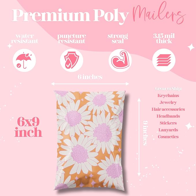 Pretty Package Store Poly Mailer 6x9, Pink Blooms Flowers, 100 Pack | Heavy Duty, Waterproof, Self Seal, Tear Resistant, Shipping Bags for Small Business Packaging, Bulk Mailing Envelopes