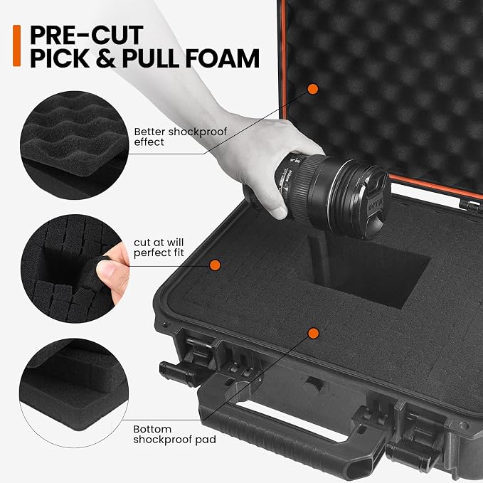 Tactix Hard Case L Waterproof Protective Camera Case IP65 Heavy-Duty with Custom Foam Insert, Fit Use of Drones, Camera, Equipments, Tools, 16.33" x12.79”x7.17” Black