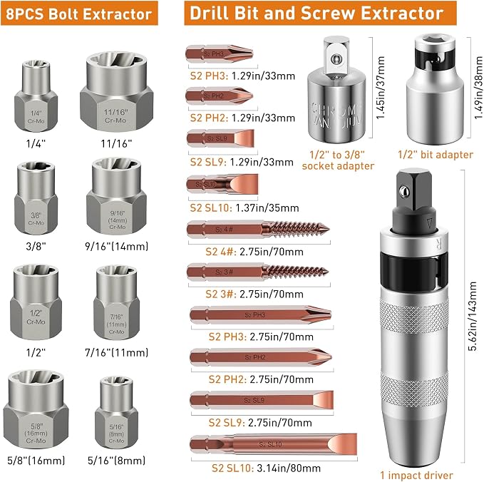 12PCS 3/8" Hand Manual Impact Driver and 8PCS 3/8" Bolt Extractor, XEWEA Reversible Impact Screwdriver Slotted,Phillips,Hexagonal Bit, for Removing & Fasteners Damaged, Rusted Screw Bolt