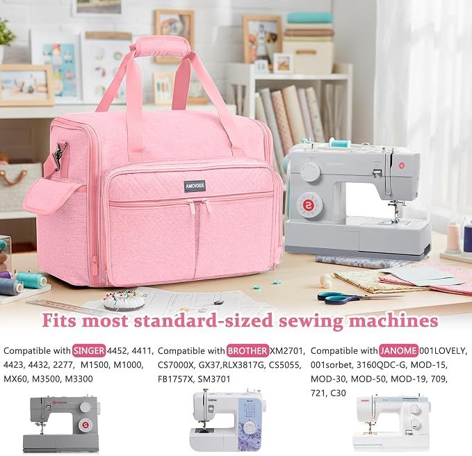 AMOIGEE Full-Open Sewing Machine Case, Large Sewing Machine Storage Bag for Travel - Heavy-Duty Embroidery Tote for Brother Singer Janome Standard Machines Holder with Pocket for Accessories and Tools